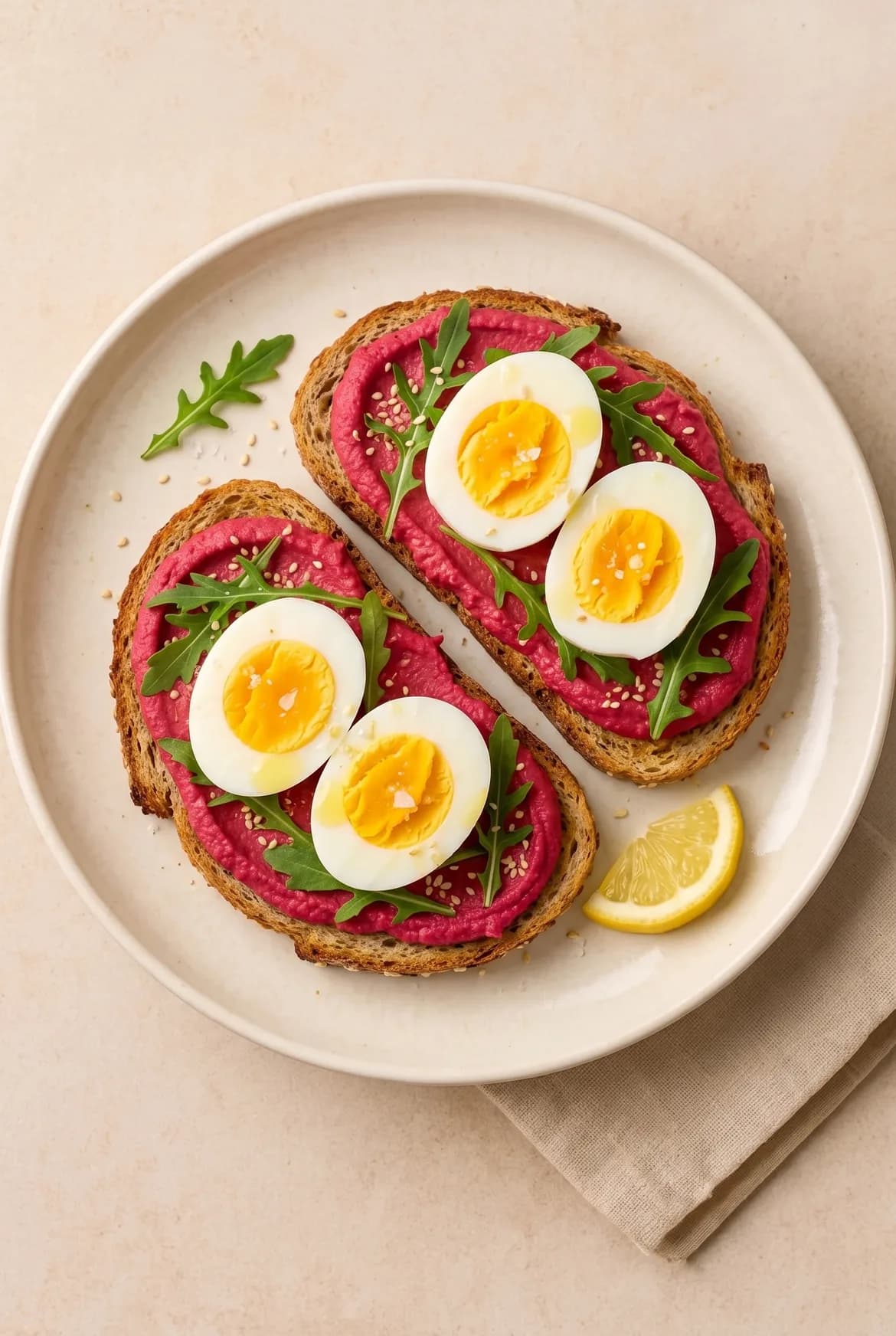 Rote-Bete-Hummus-Toast mit Ei