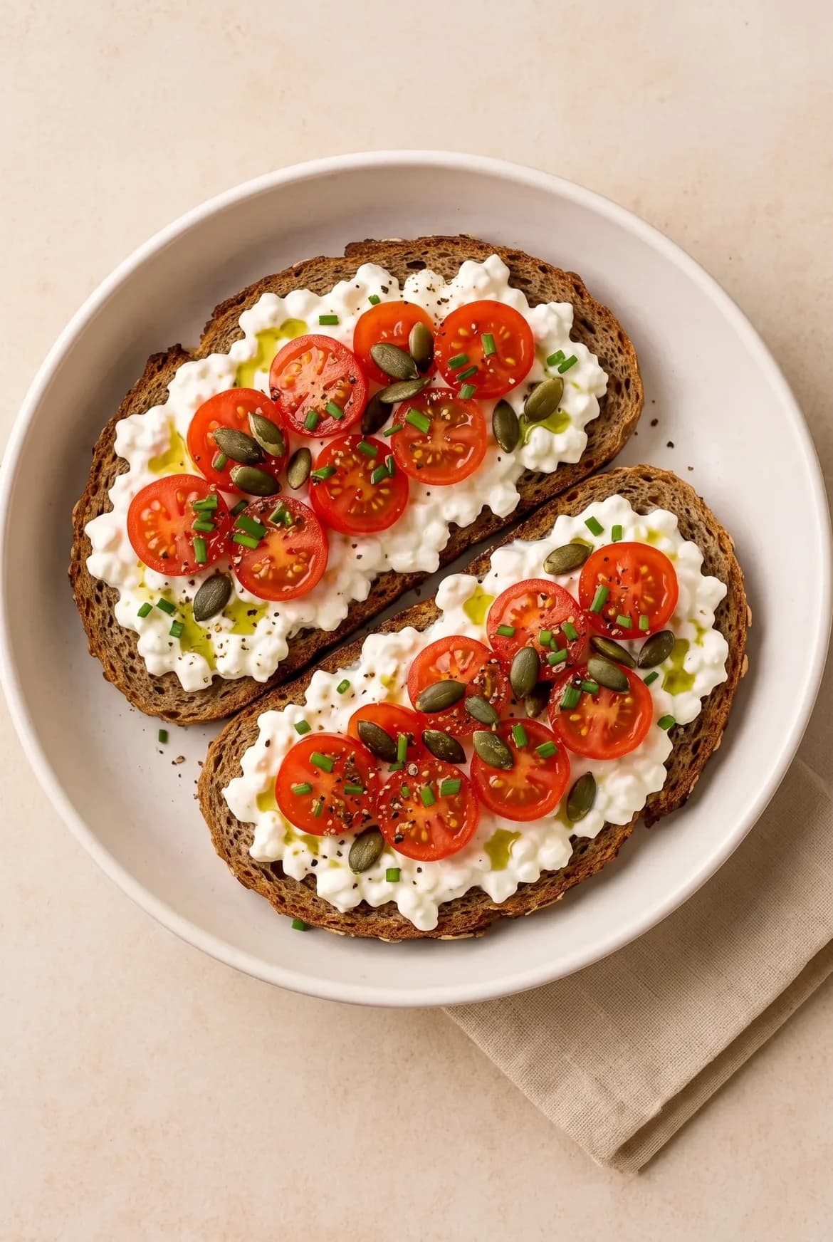 Vollkornbrot mit Hüttenkäse und Kürbiskernen