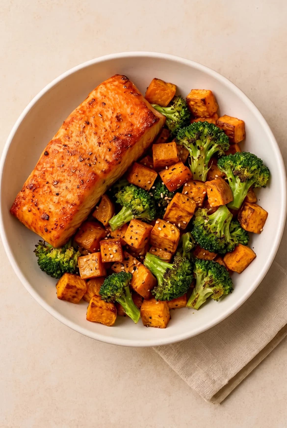 Lachs-Bowl mit Süßkartoffel und Brokkoli