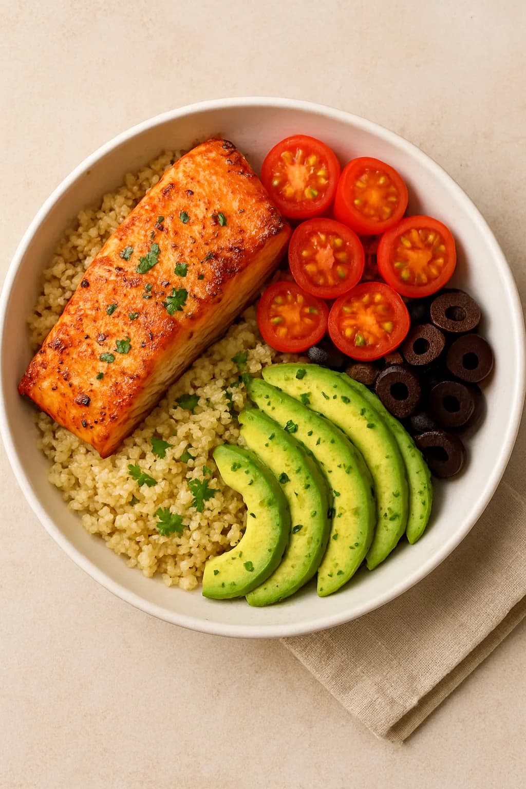 Mediterrane Lachs-Bowl mit Avocado & Quinoa