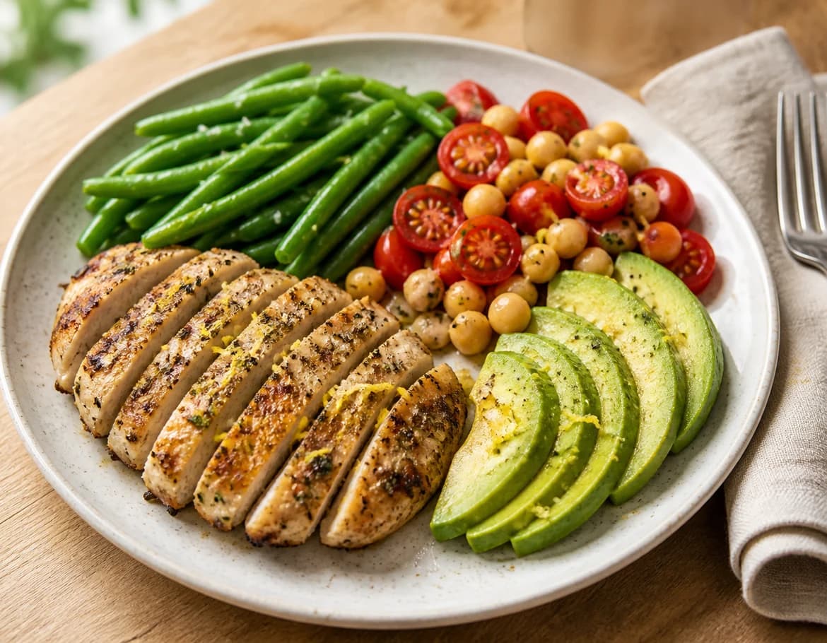 Hähnchen-Avocado-Tagliata mit bunten Bohnen
