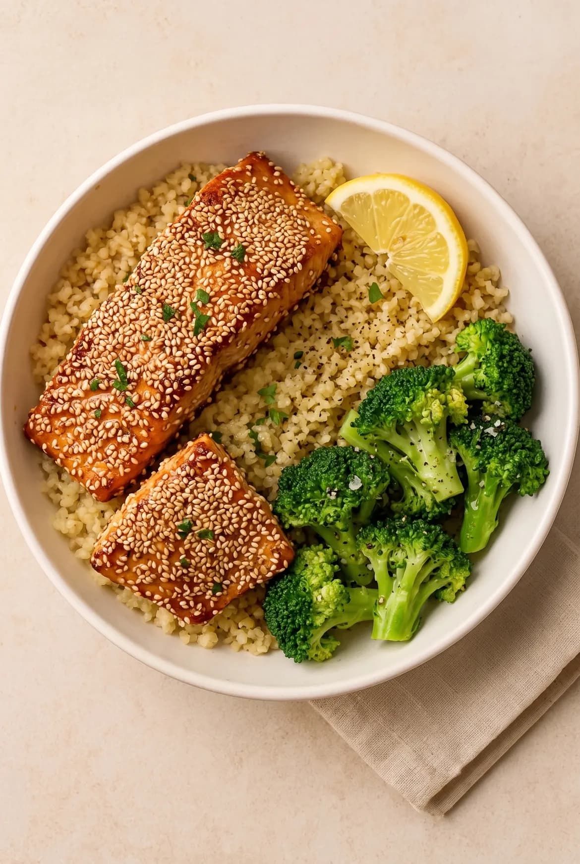 Lachs mit Sesamkruste auf Brokkoli-Hirse