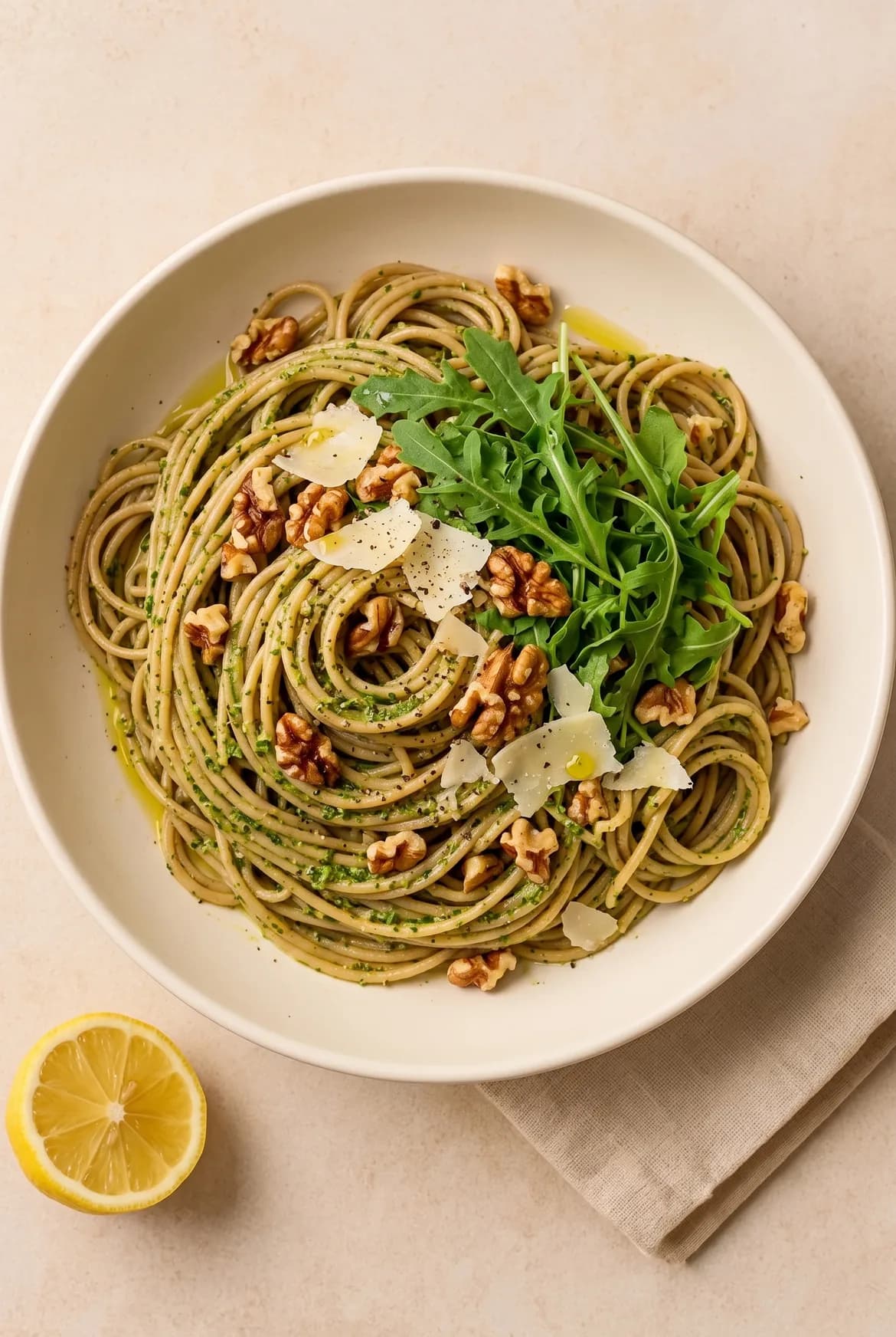 Vollkorn-Pasta mit Walnuss-Pesto und Rucola