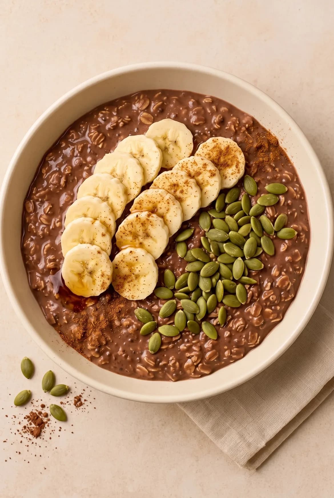 Overnight Oats mit Kakao und Kürbiskernen