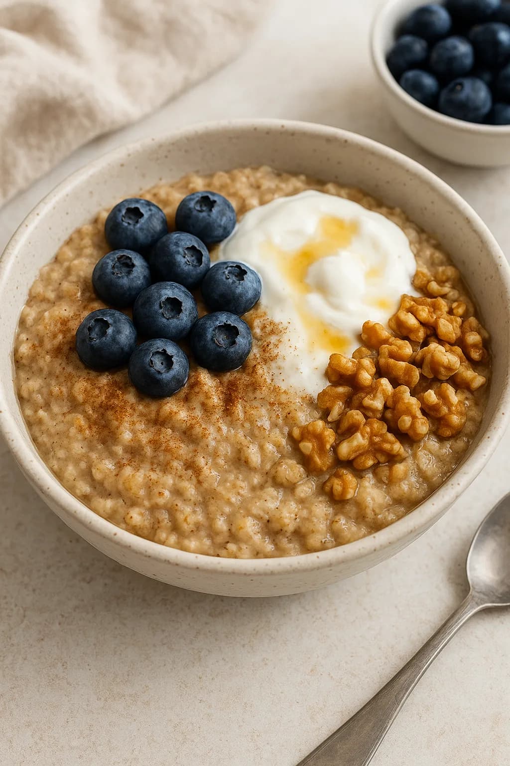 Warmes Zimt-Porridge mit Beeren, Nüssen & Joghurt