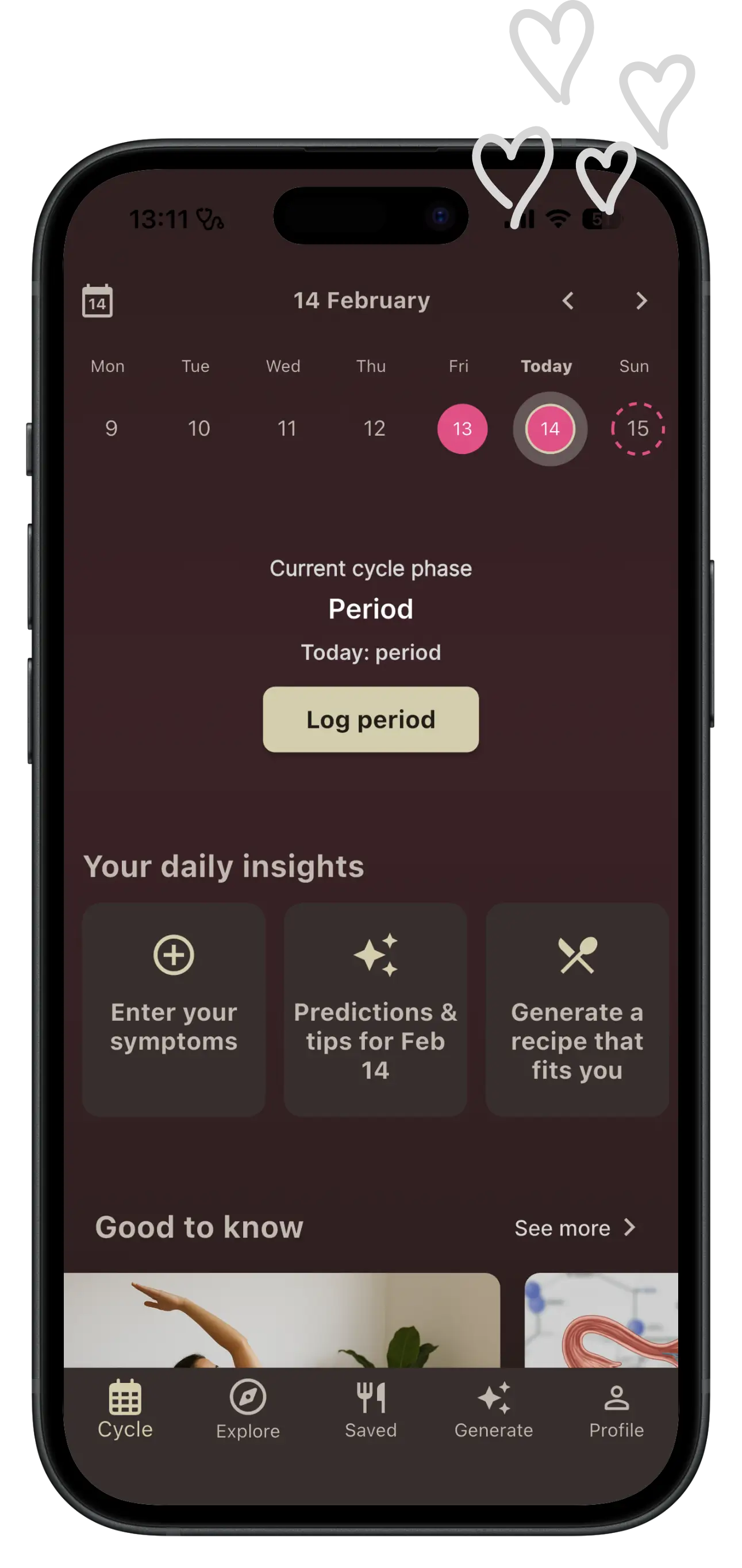 Periodenkalender in der Bauchgefühl-App mit farbigen Zyklusphasen und Vorhersage