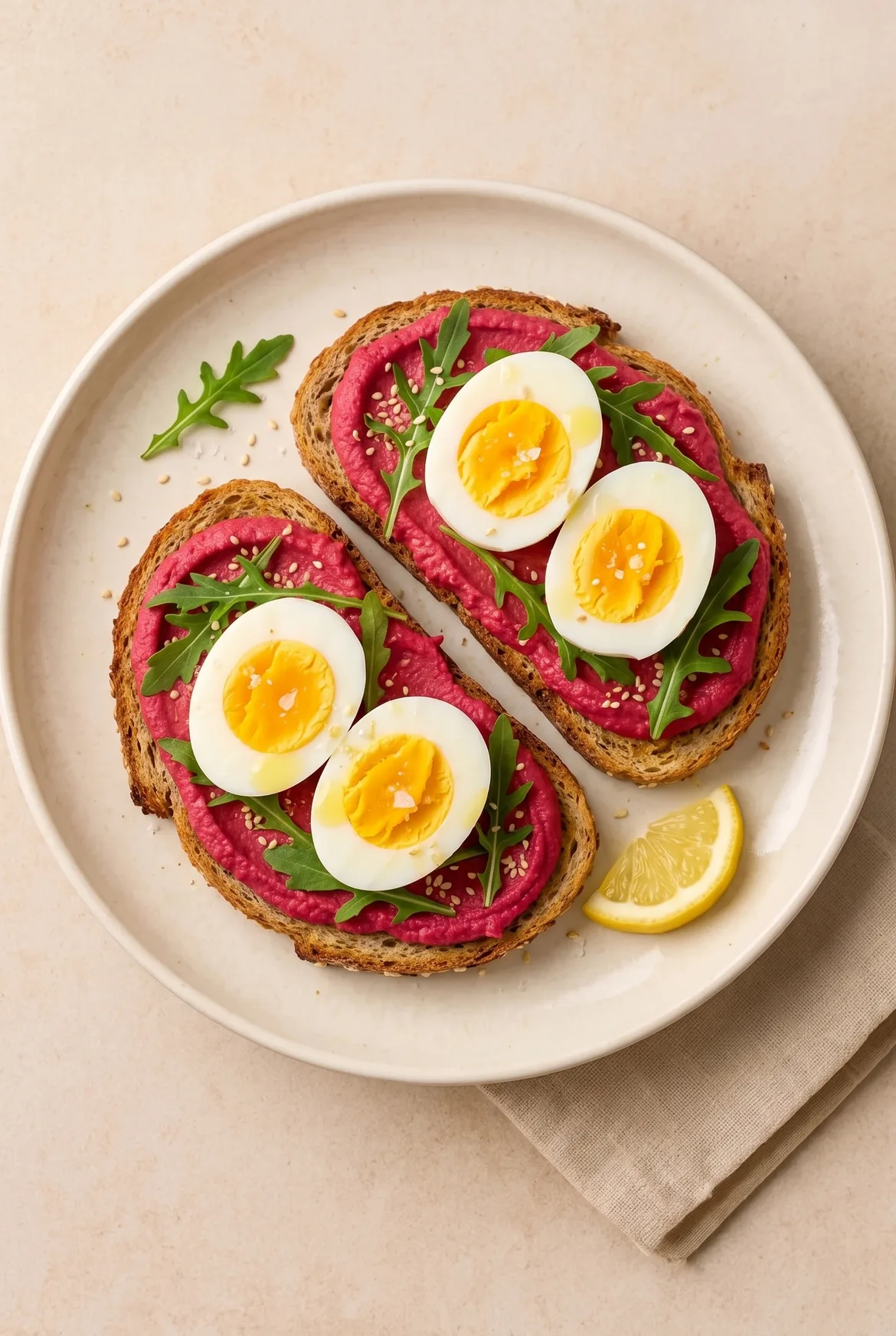 Rote-Bete-Hummus-Toast mit Ei
