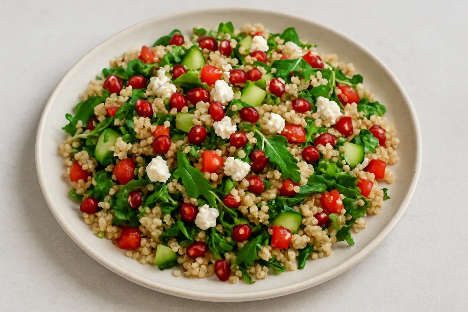 Quinoa-Salat mit zerbröseltem Feta, Gurkenwürfeln, roter Paprika, Rucola und leuchtend roten Granatapfelkernen