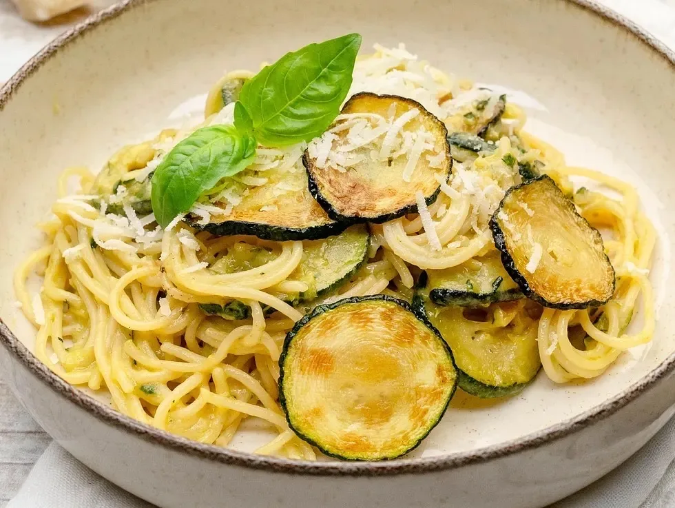 Spaghetti in cremiger Zucchinisauce mit gebratenen Zucchinischeiben und frischem Basilikum auf einem Teller