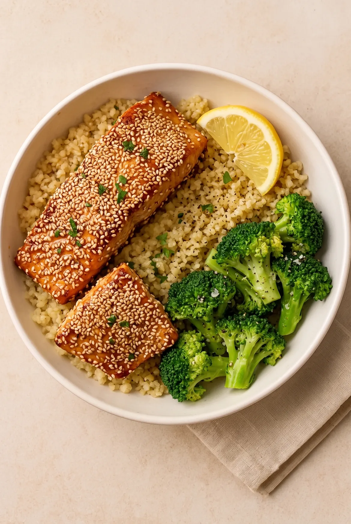 Lachs mit Sesamkruste auf Brokkoli-Hirse