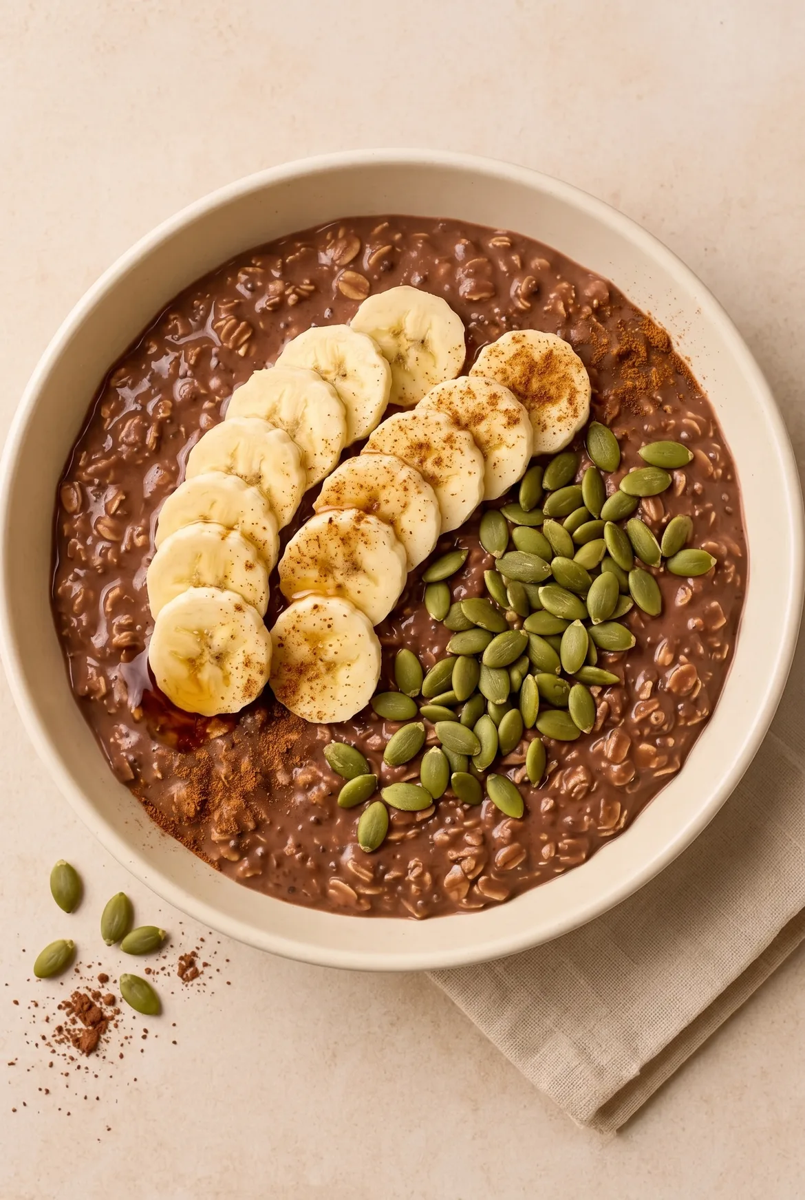 Overnight Oats mit Kakao und Kürbiskernen